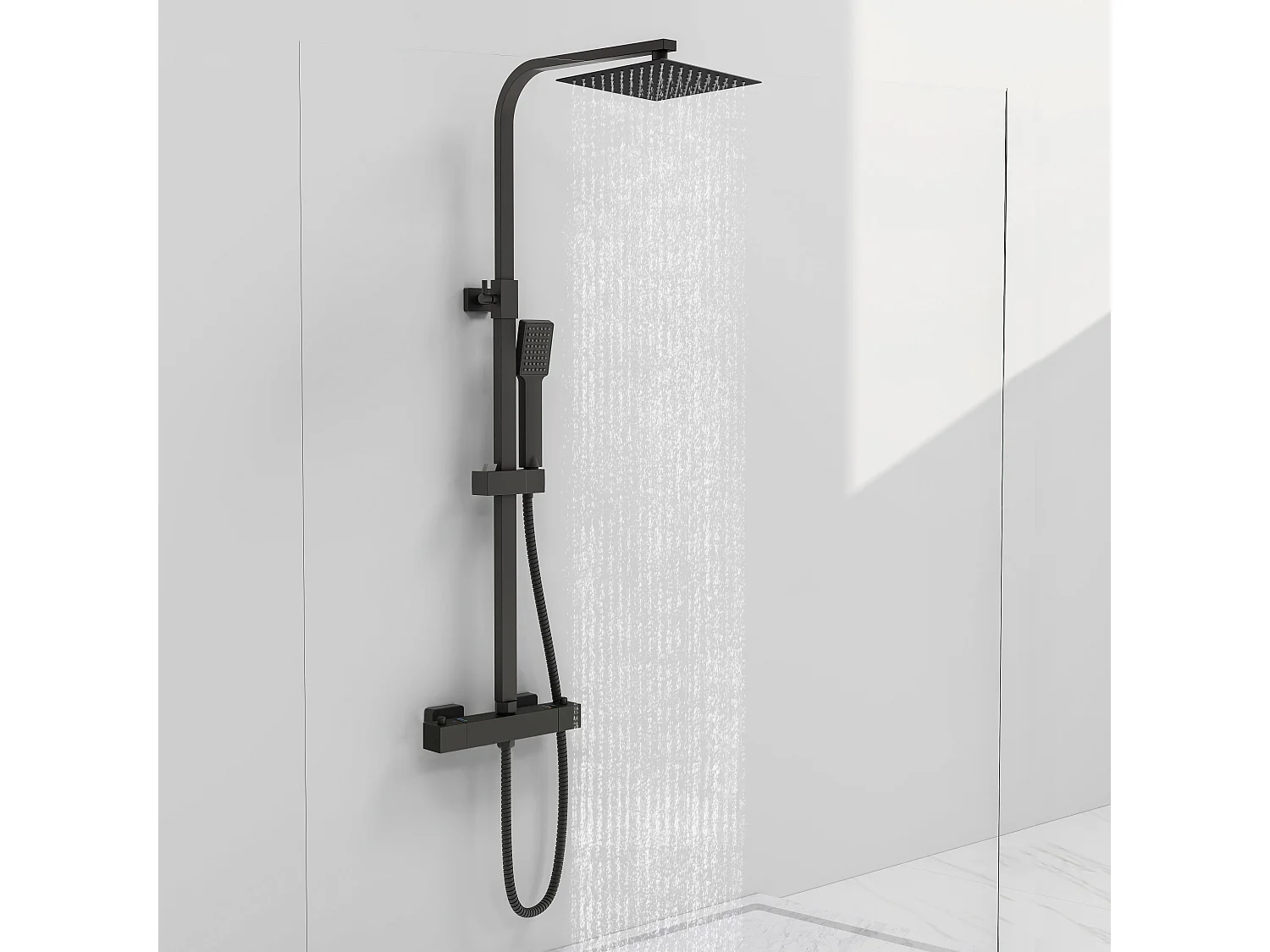 Colonne de douche thermostatique 200mm, kit carré noir AICA