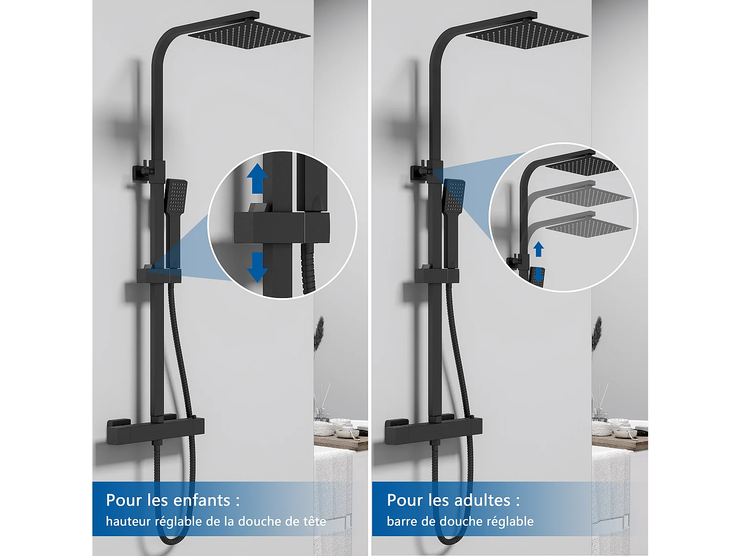 Colonne de douche thermostatique 200mm, kit carré noir AICA
