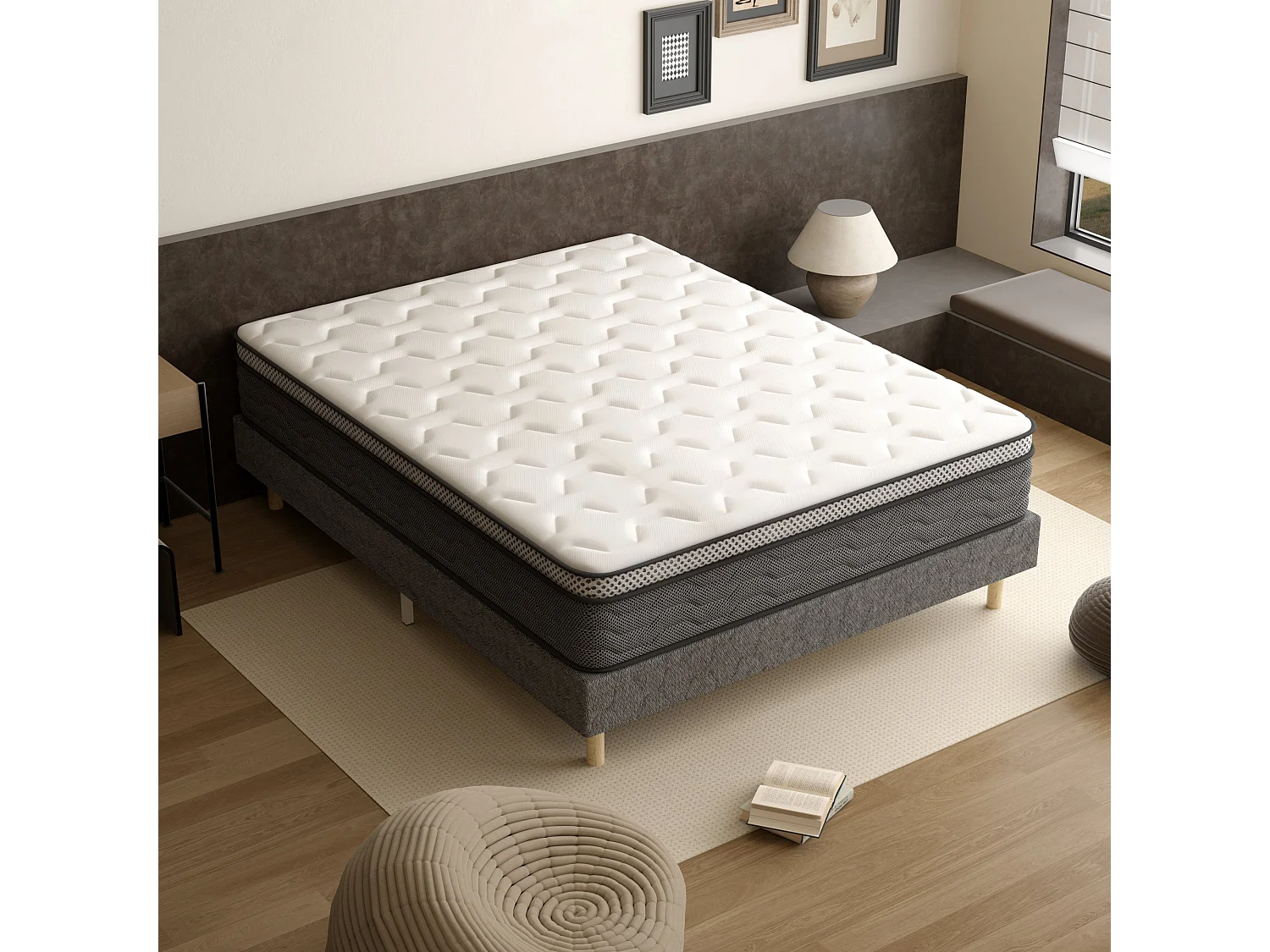 Sommier tapissé gris 120x190 + matelas ressorts ensachés 30 cm, 9 pieds fournis