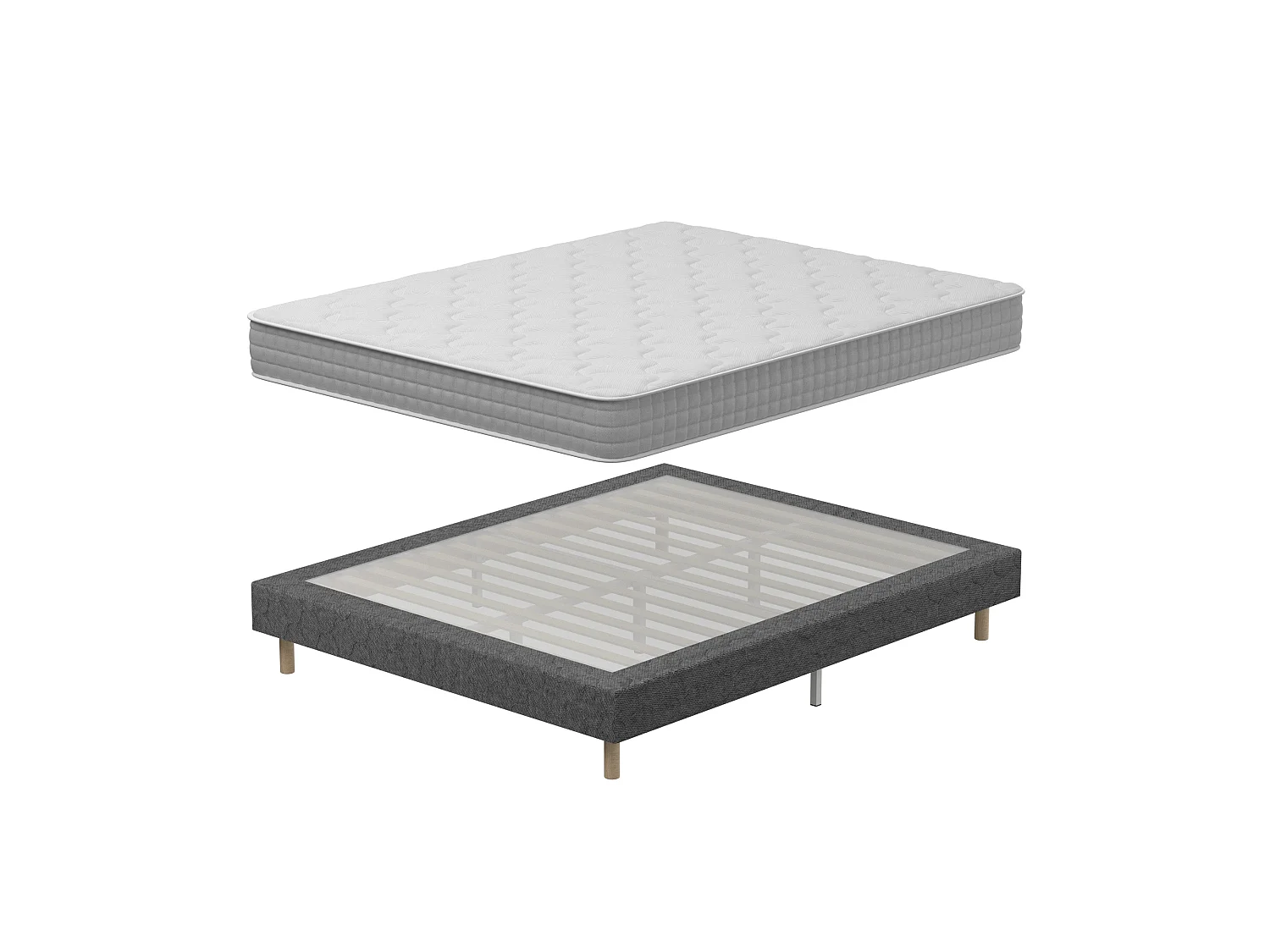 Sommier tapissé gris 120x190 + matelas ressorts ensachés 20 cm, 9 pieds fournis