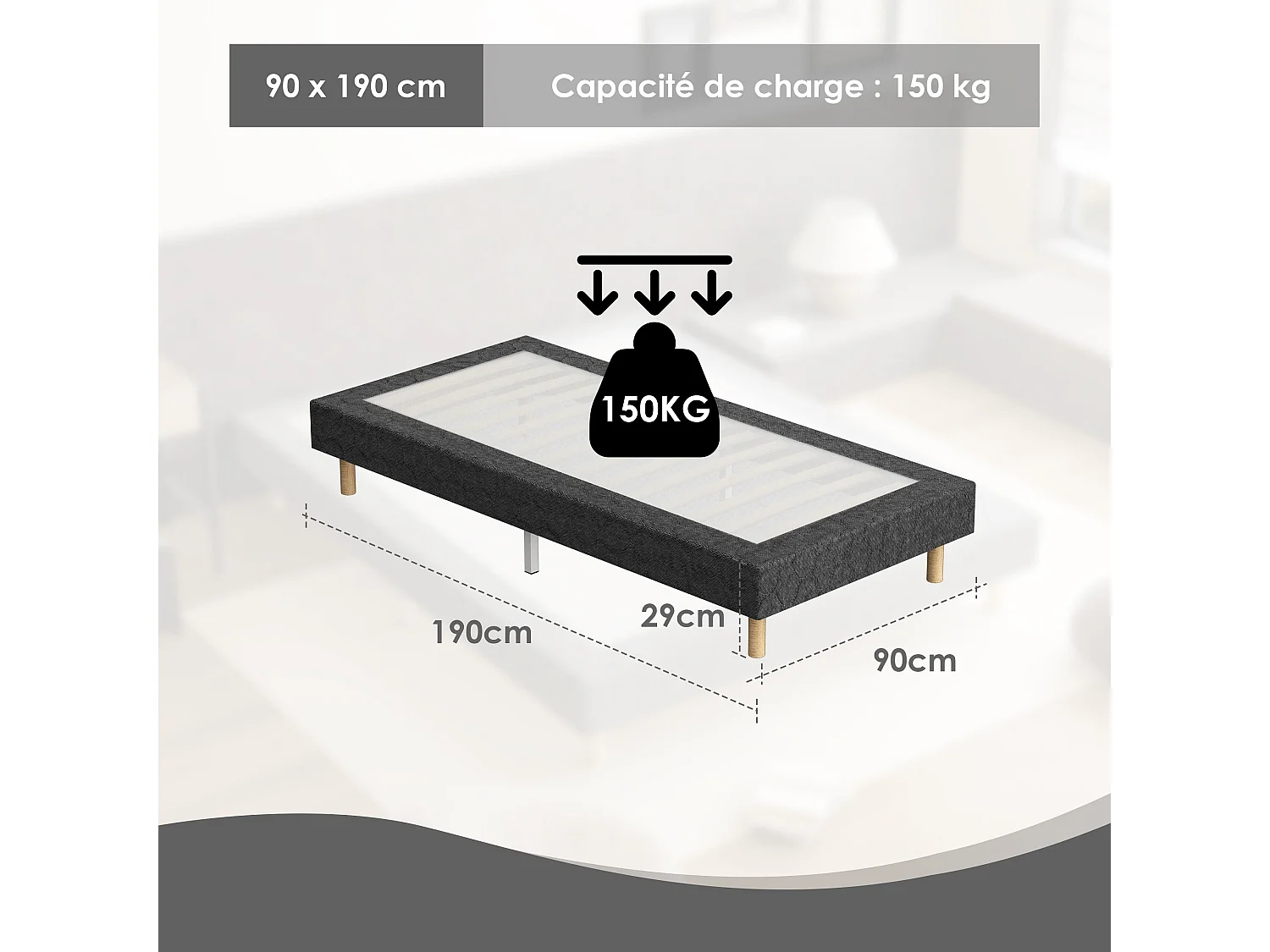 Beklede boxspring grijs 90x190 + pocketveermatras 25 cm, 6 poten meegeleverd