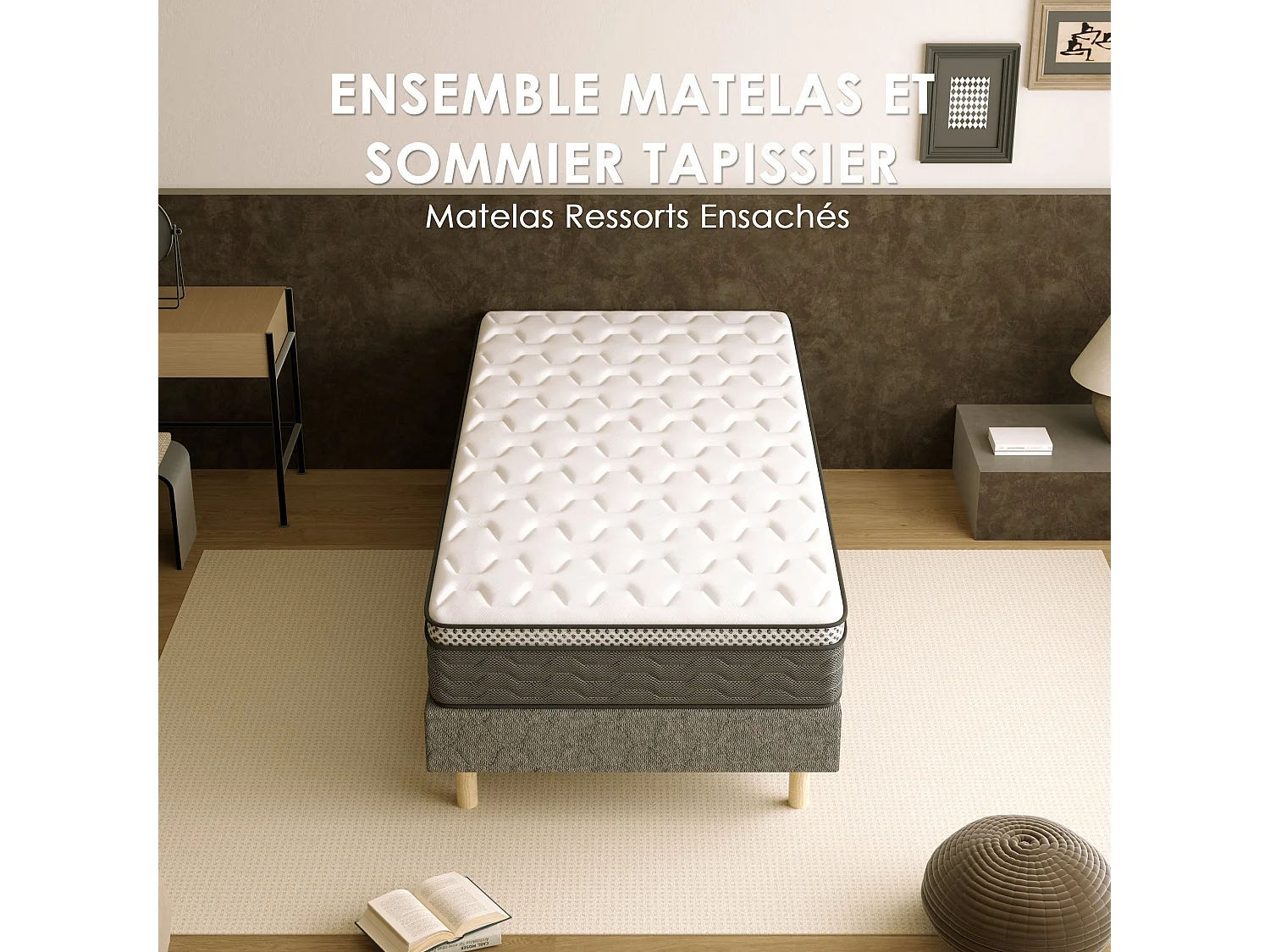 Beklede boxspring grijs 90x190 + pocketveermatras 25 cm, 6 poten meegeleverd