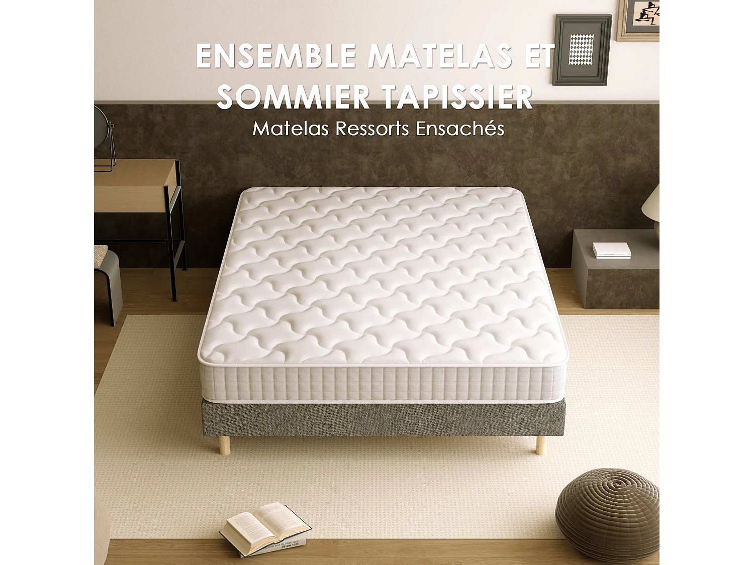 Sommier tapissé gris 160x200 + matelas ressorts ensachés 20 cm, 9 pieds fournis