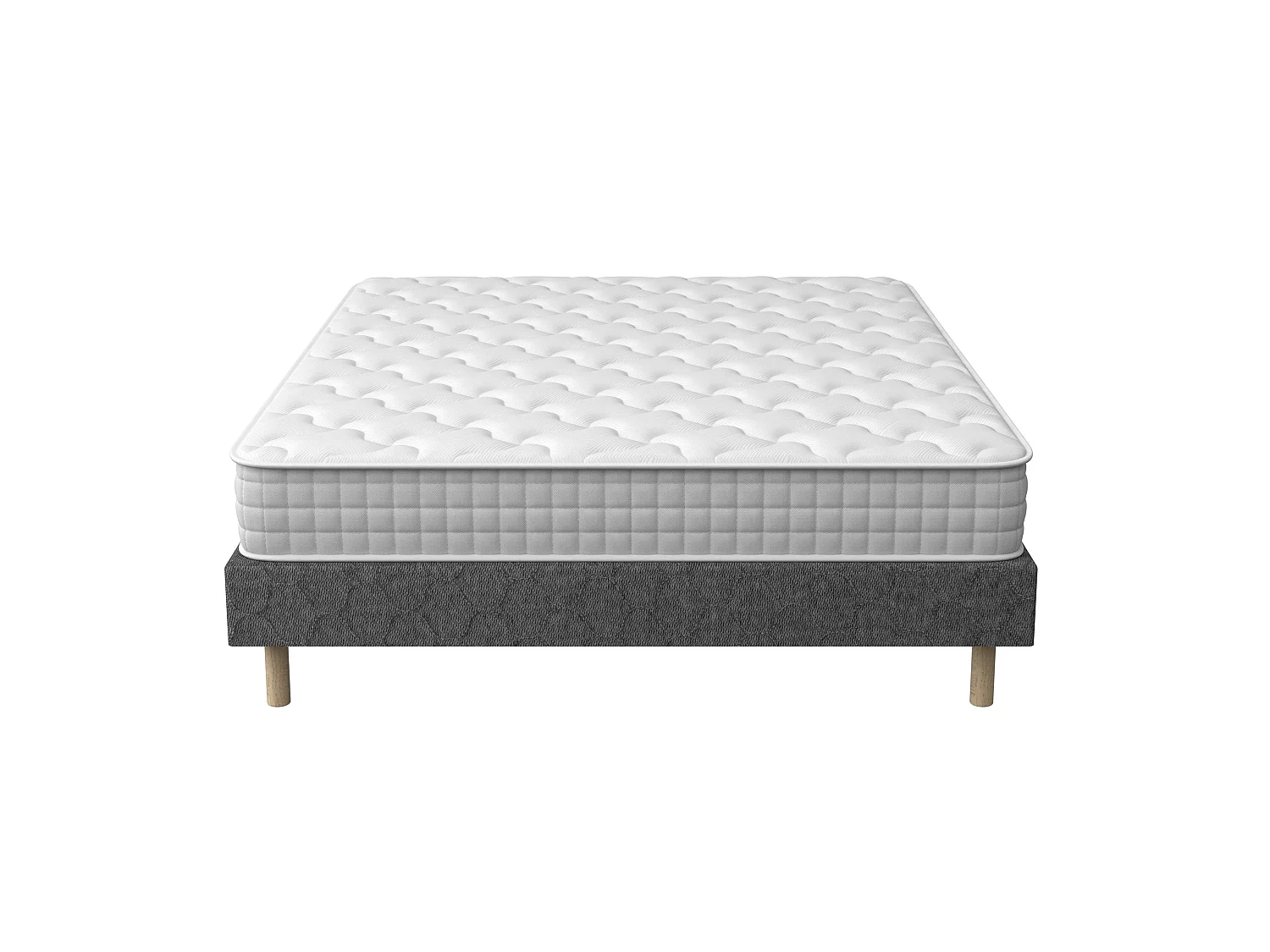 Sommier tapissé gris 160x200 + matelas ressorts ensachés 20 cm, 9 pieds fournis