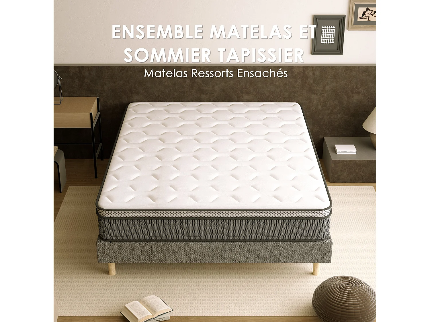 Beklede boxspring grijs 160x200 + pocketveermatras 25 cm, 9 poten meegeleverd