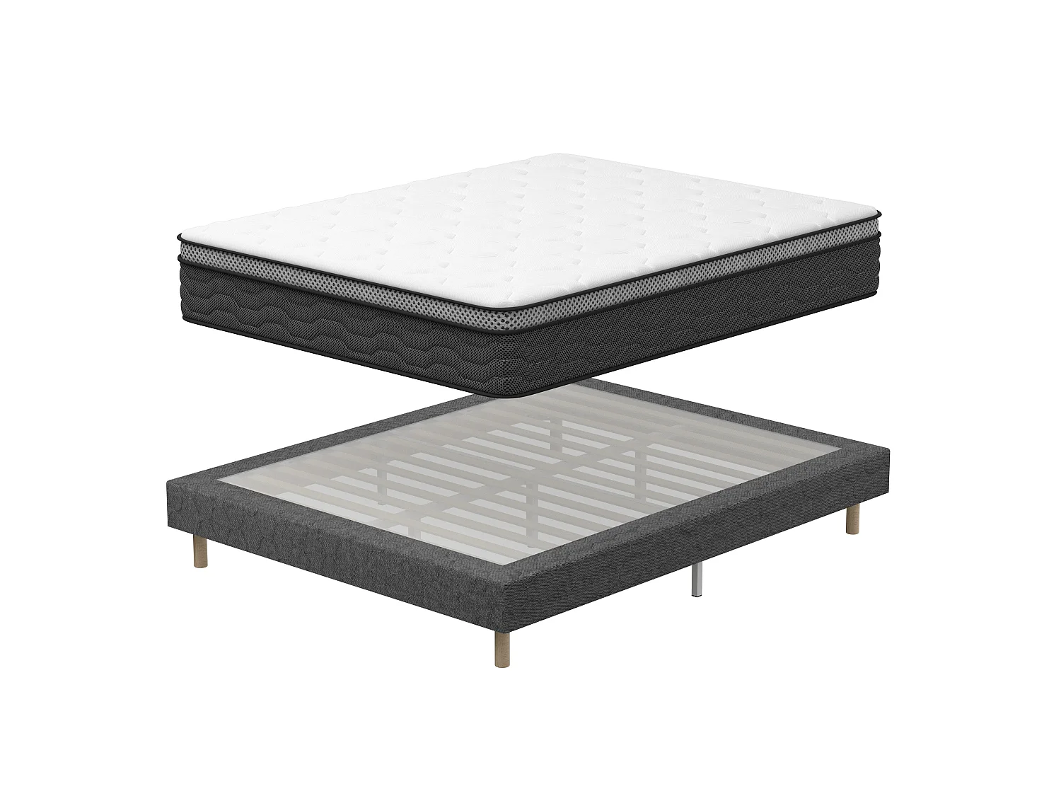 Beklede boxspring grijs 140x190 + pocketveermatras 30 cm, 9 poten meegeleverd + boxspring