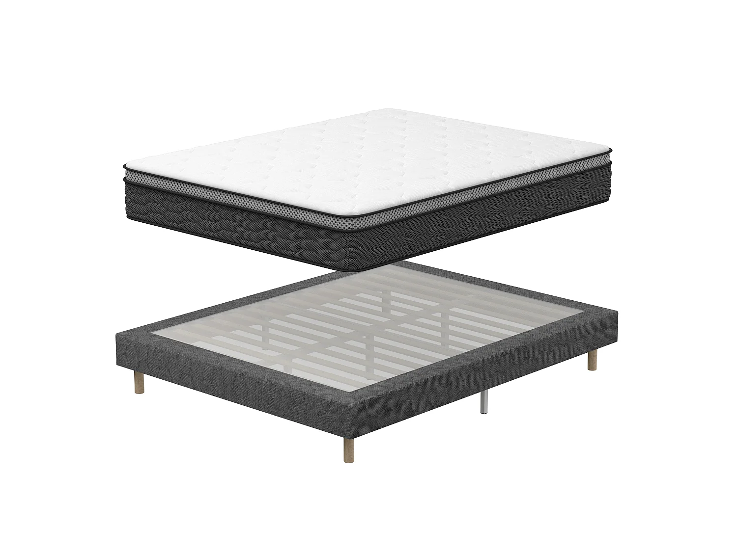 Sommier tapissé gris 120x190 + matelas ressorts ensachés 25 cm, 9 pieds fournis