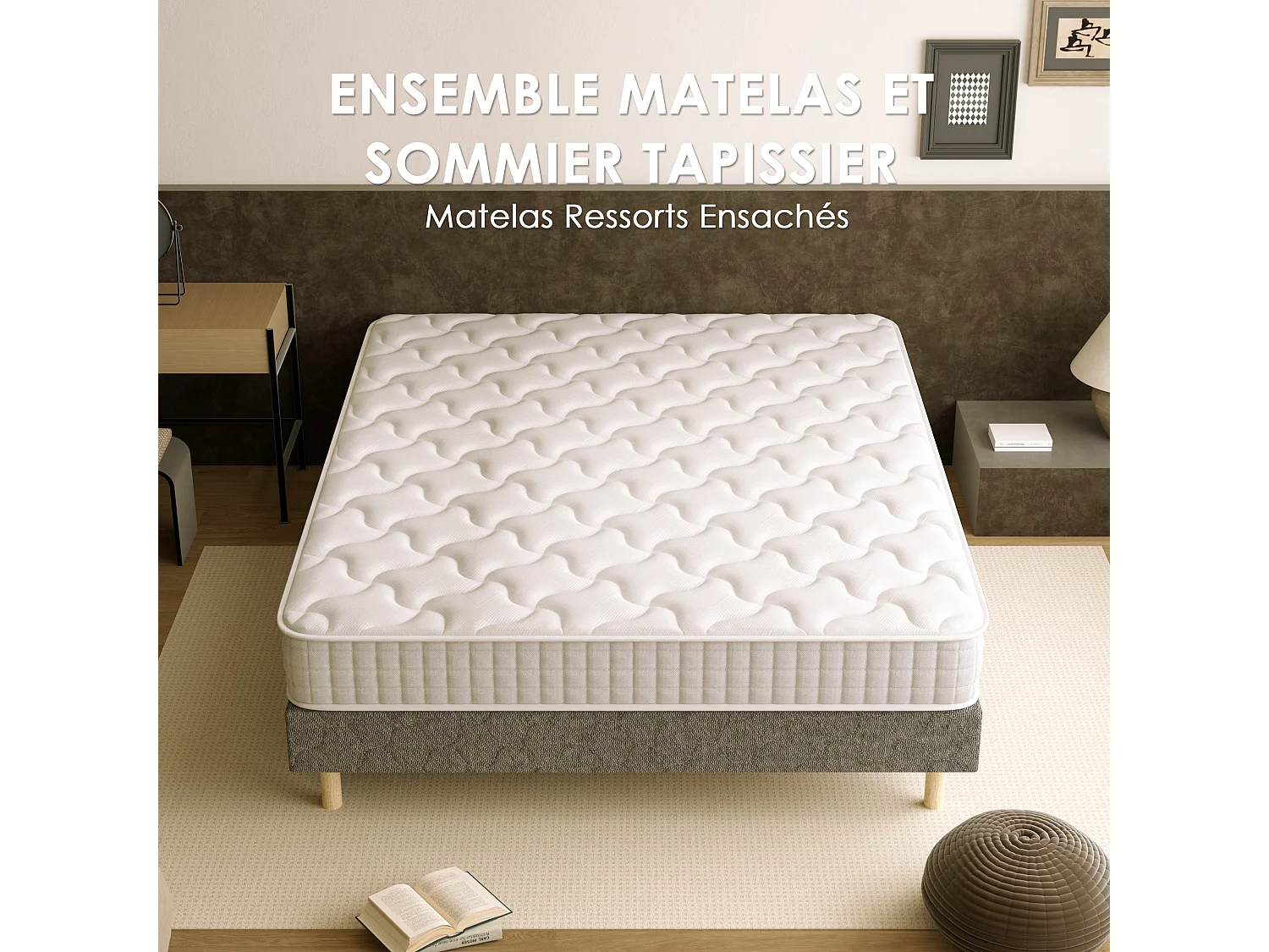 Ensemble sommier 180x200 + matelas à ressorts ensachés 20cm, 9 pieds inclus