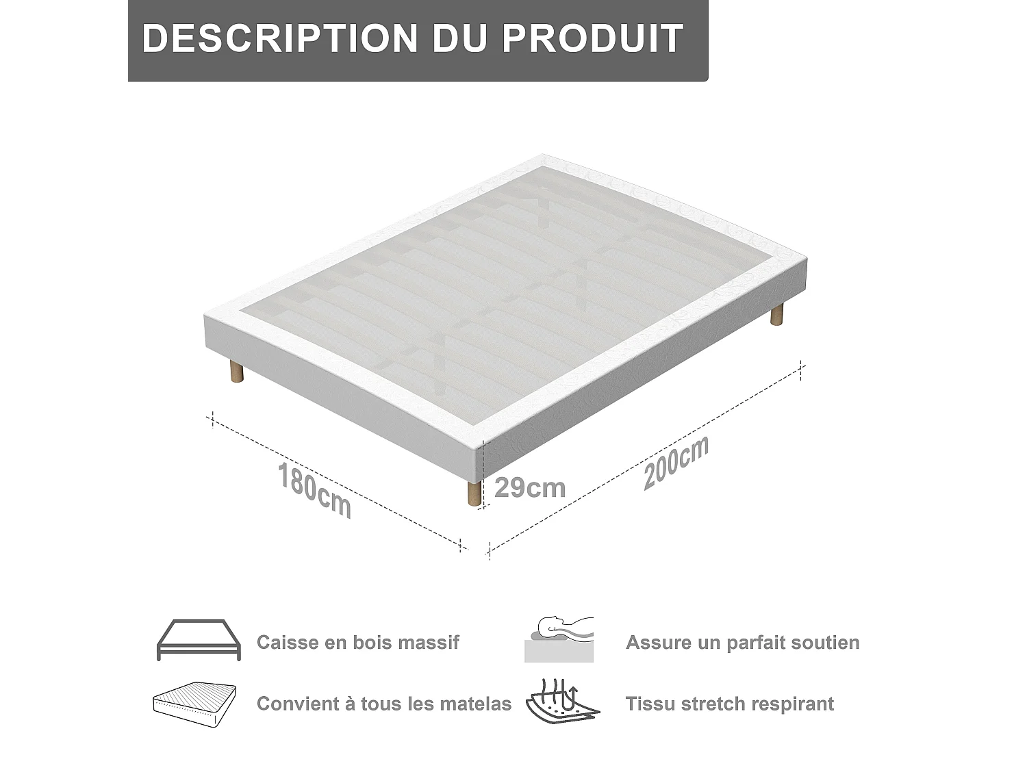 Ensemble sommier 180x200 + matelas à ressorts ensachés 20cm, 9 pieds inclus