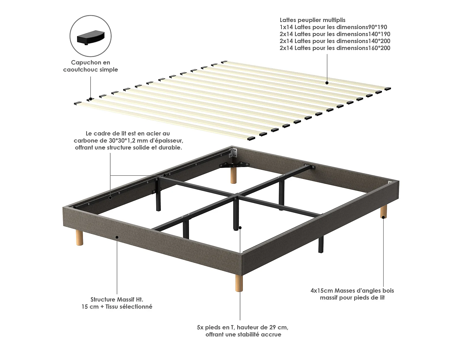 Ensemble Matelas Mousse 140x200 cm Epaisseur 22cm + Sommier Déco