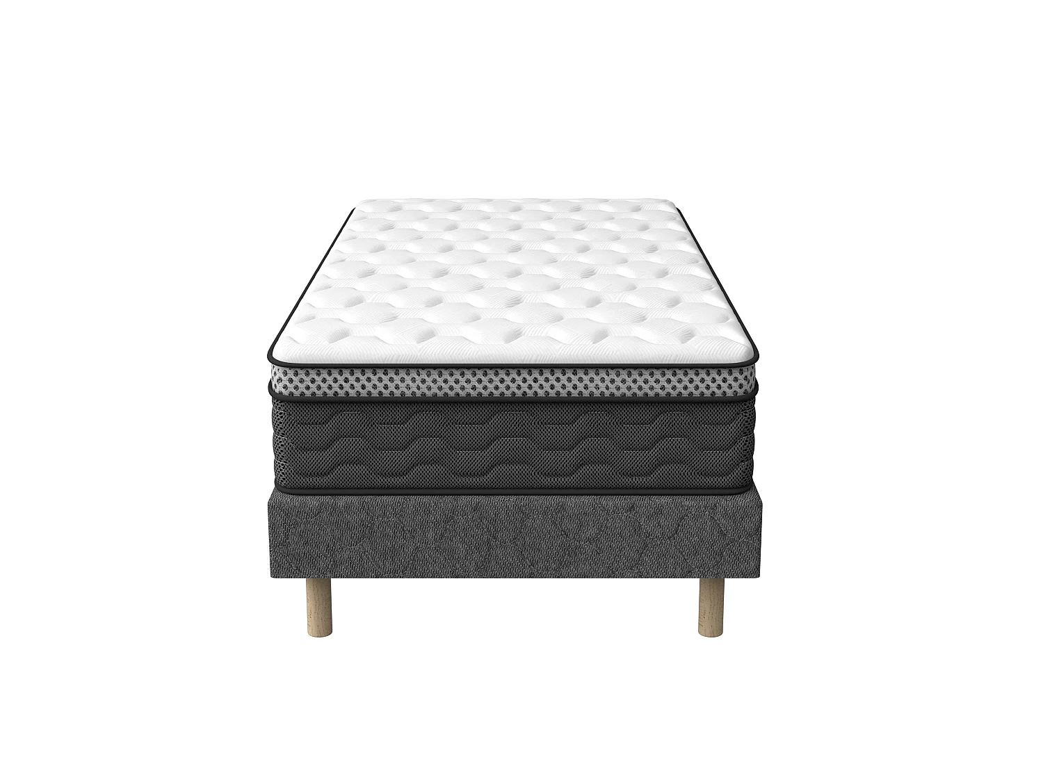 Beklede boxspring grijs 90x190 + pocketveermatras 30 cm, 6 poten meegeleverd