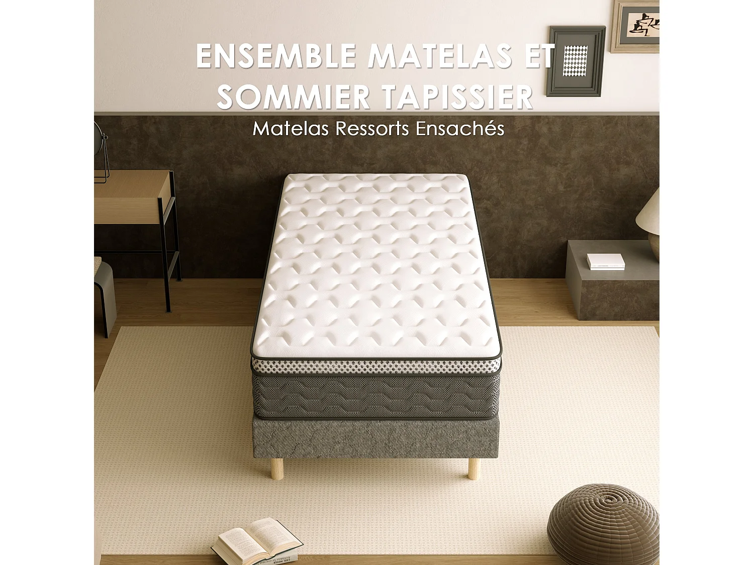 Beklede boxspring grijs 90x190 + pocketveermatras 30 cm, 6 poten meegeleverd