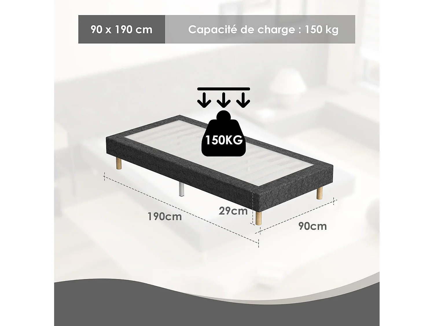 Beklede boxspring grijs 90x190 + pocketveermatras 30 cm, 6 poten meegeleverd