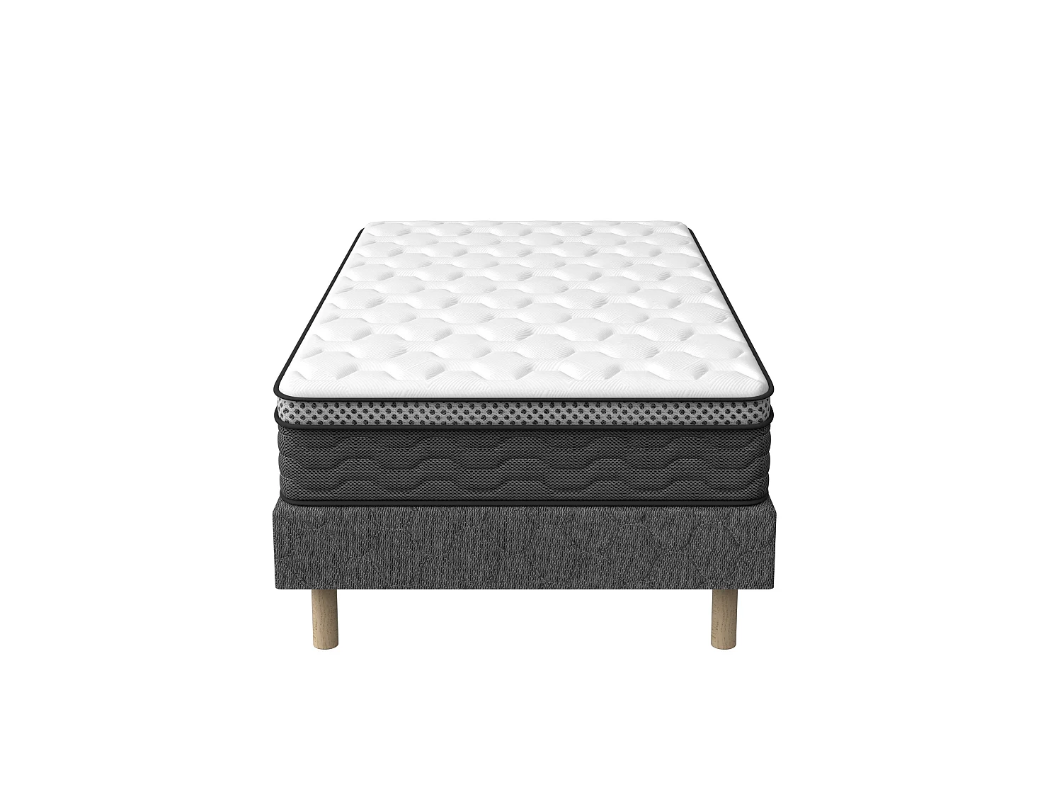 Sommier tapissé gris 90x200 + matelas ressorts ensachés 25 cm, 6 pieds fournis