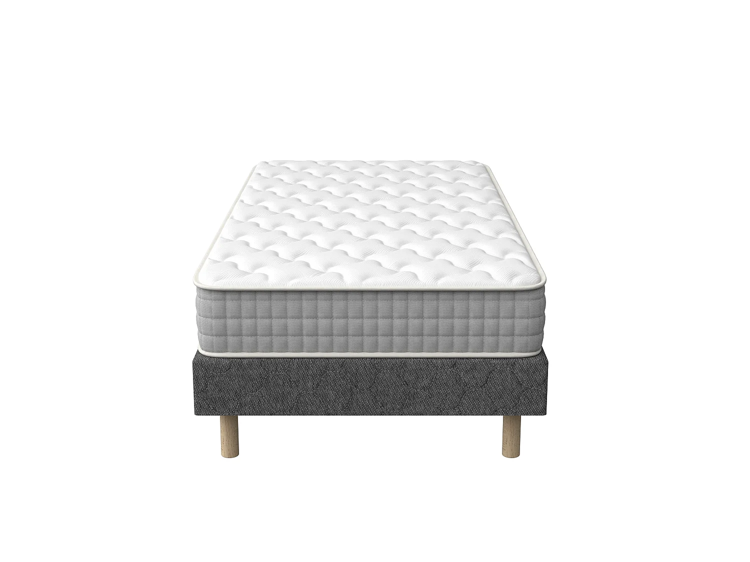 Sommier tapissé gris 90x200 + matelas ressorts ensachés 20 cm, 9 pieds fournis