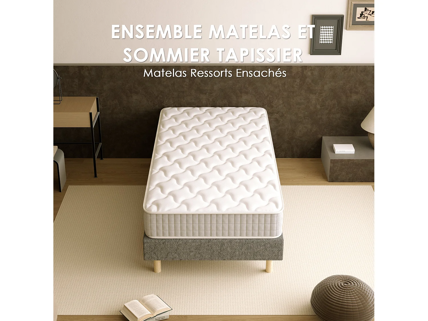 Sommier tapissé gris 90x200 + matelas ressorts ensachés 20 cm, 9 pieds fournis