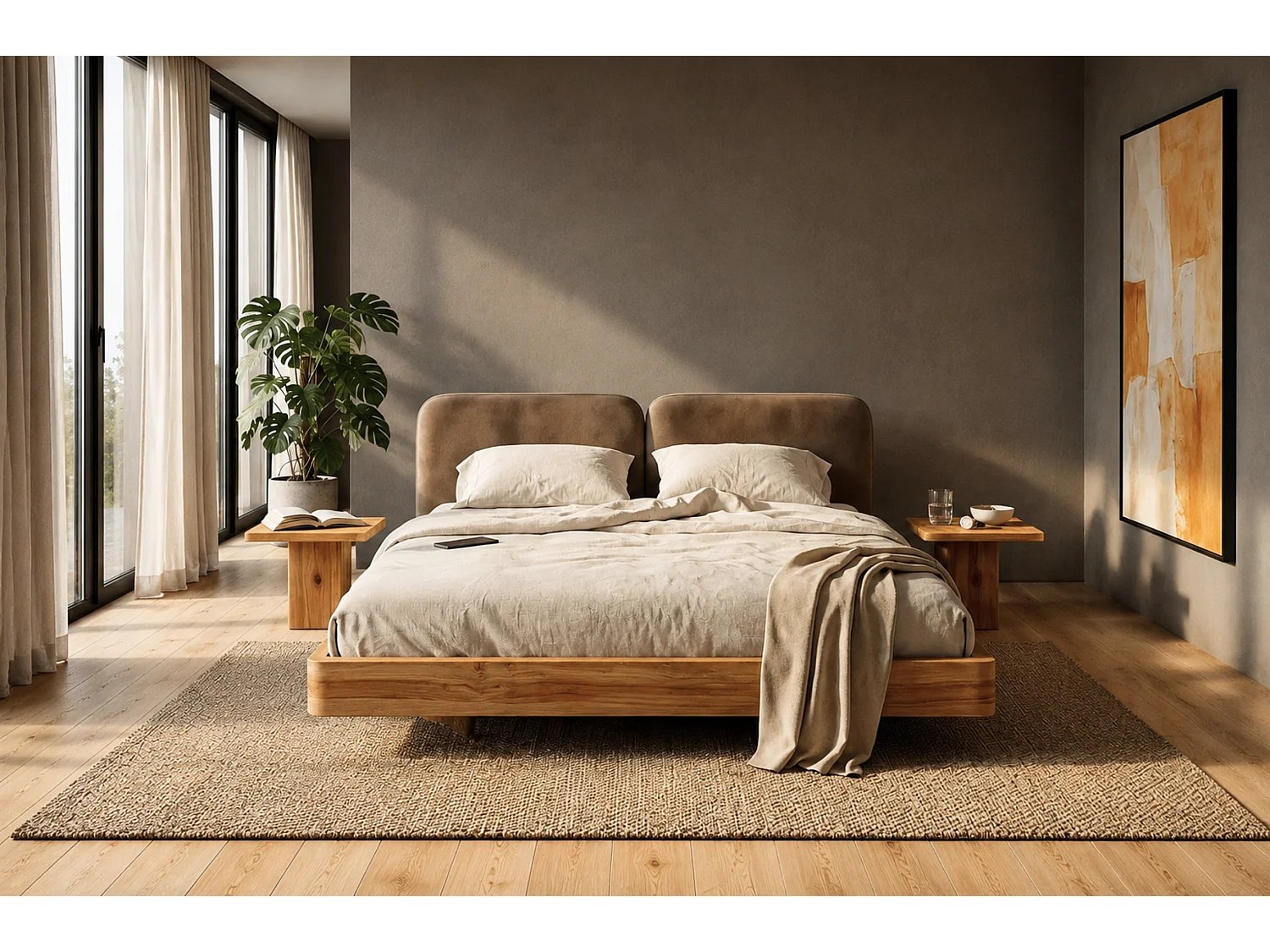 Lit en bois massif Eyko MAUI 180 x 200 cm, chêne sauvage laqué, tête de lit en velours marron