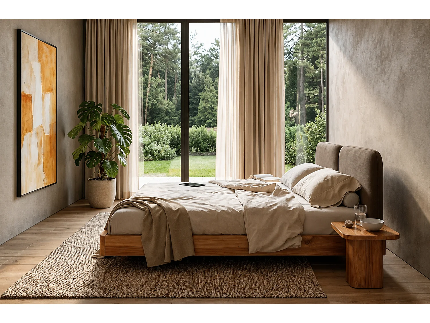 Lit en bois massif Eyko MAUI 180 x 200 cm, chêne sauvage laqué, tête de lit en velours marron