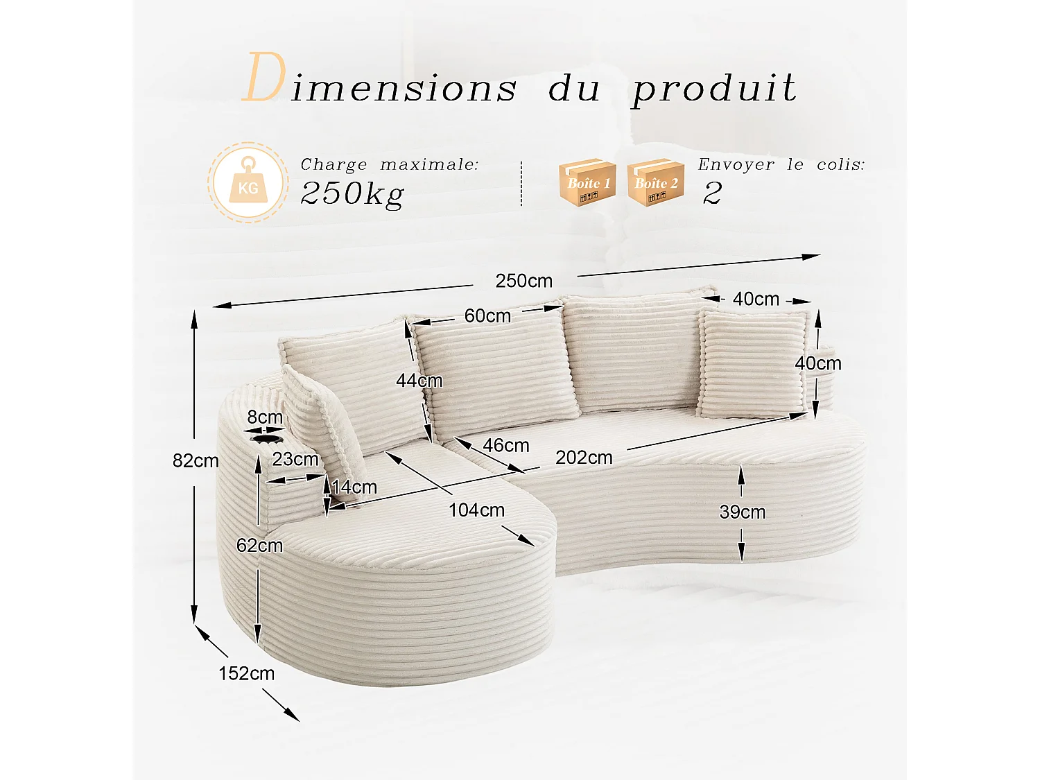 Sofá curvo de 3 plazas con portavasos y bolsillo lateral, pana, beige, 250x152x82