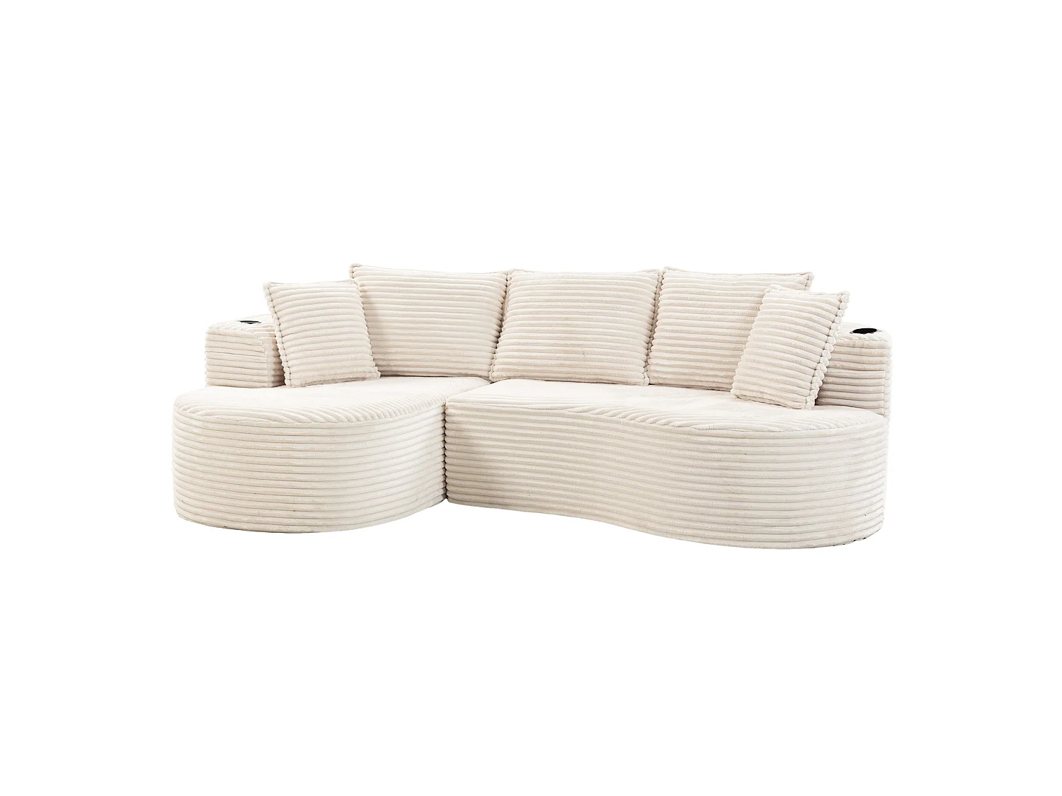 Sofá curvo de 3 plazas con portavasos y bolsillo lateral, pana, beige, 250x152x82