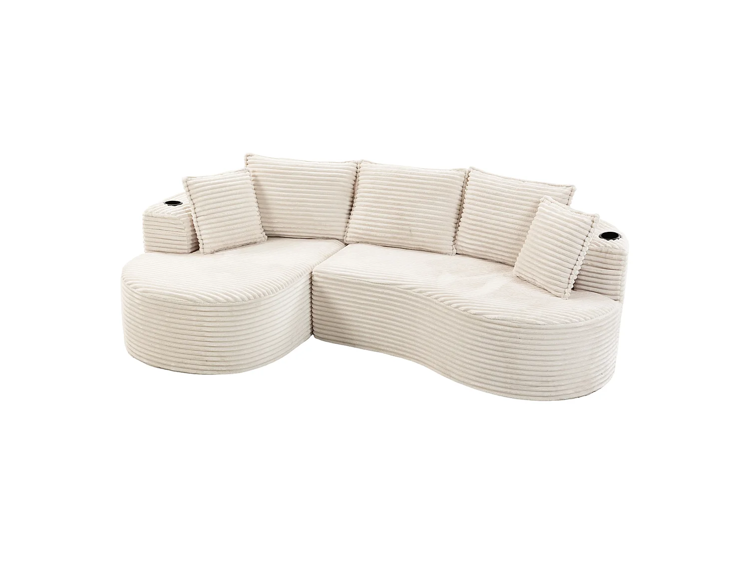 Sofá curvo de 3 plazas con portavasos y bolsillo lateral, pana, beige, 250x152x82