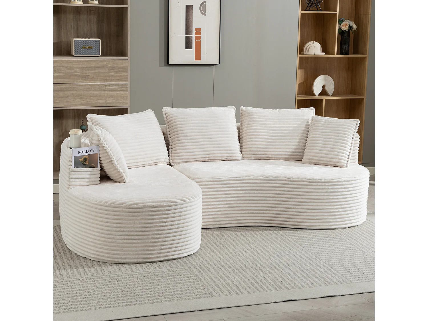 Sofá curvo de 3 plazas con portavasos y bolsillo lateral, pana, beige, 250x152x82