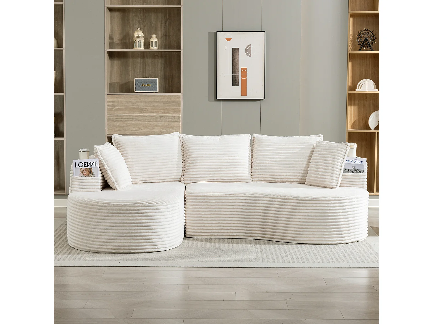 Sofá curvo de 3 plazas con portavasos y bolsillo lateral, pana, beige, 250x152x82