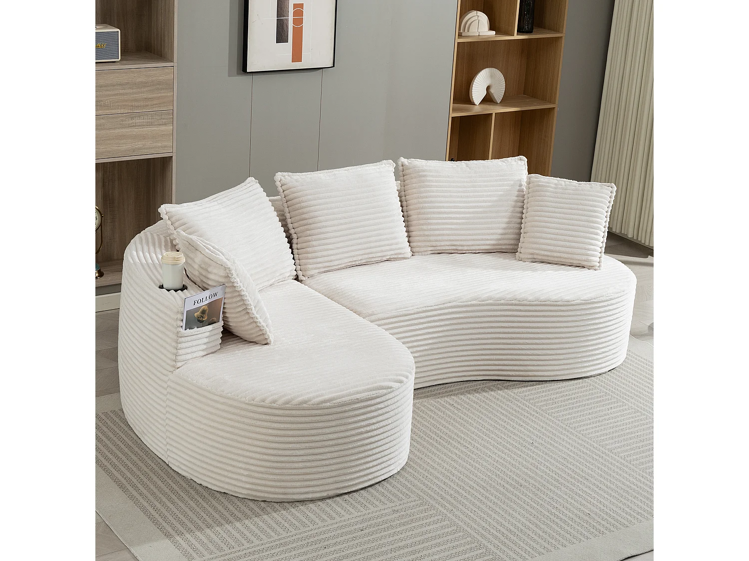 Sofá curvo de 3 plazas con portavasos y bolsillo lateral, pana, beige, 250x152x82