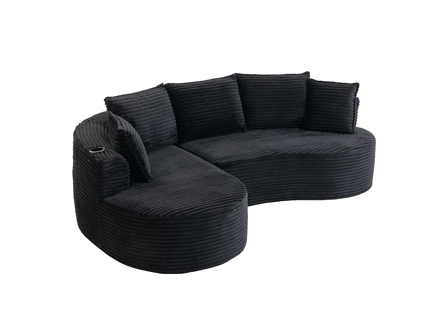 Sofá curvo de 3 plazas con portavasos y bolsillo lateral, pana, negro, 250x152x83