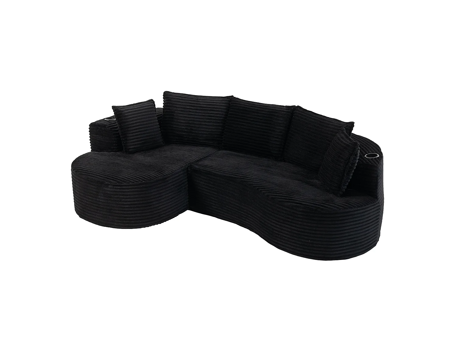 Sofá curvo de 3 plazas con portavasos y bolsillo lateral, pana, negro, 250x152x83
