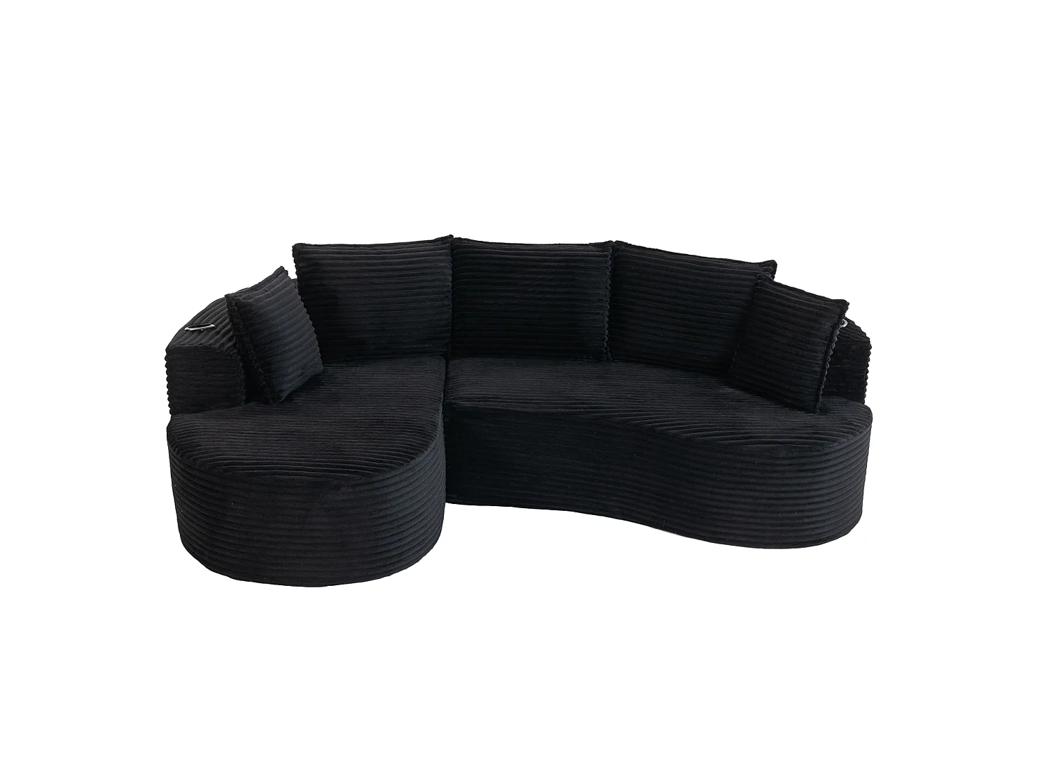 Sofá curvo de 3 plazas con portavasos y bolsillo lateral, pana, negro, 250x152x83