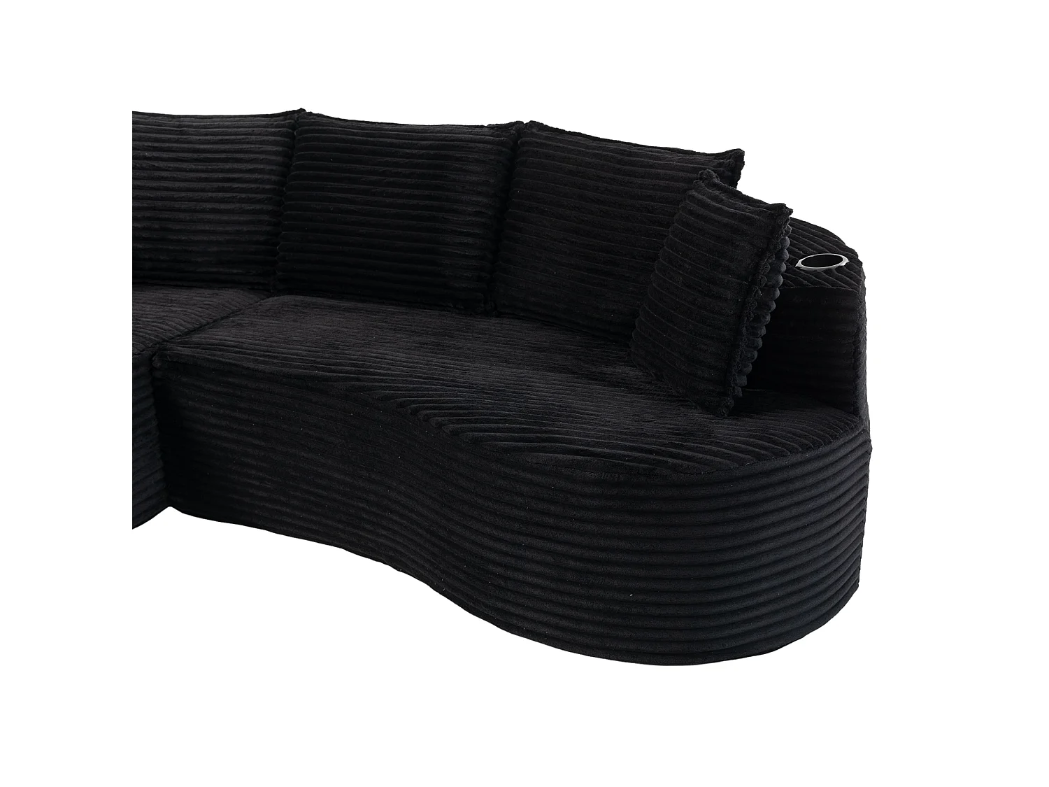 Sofá curvo de 3 plazas con portavasos y bolsillo lateral, pana, negro, 250x152x83