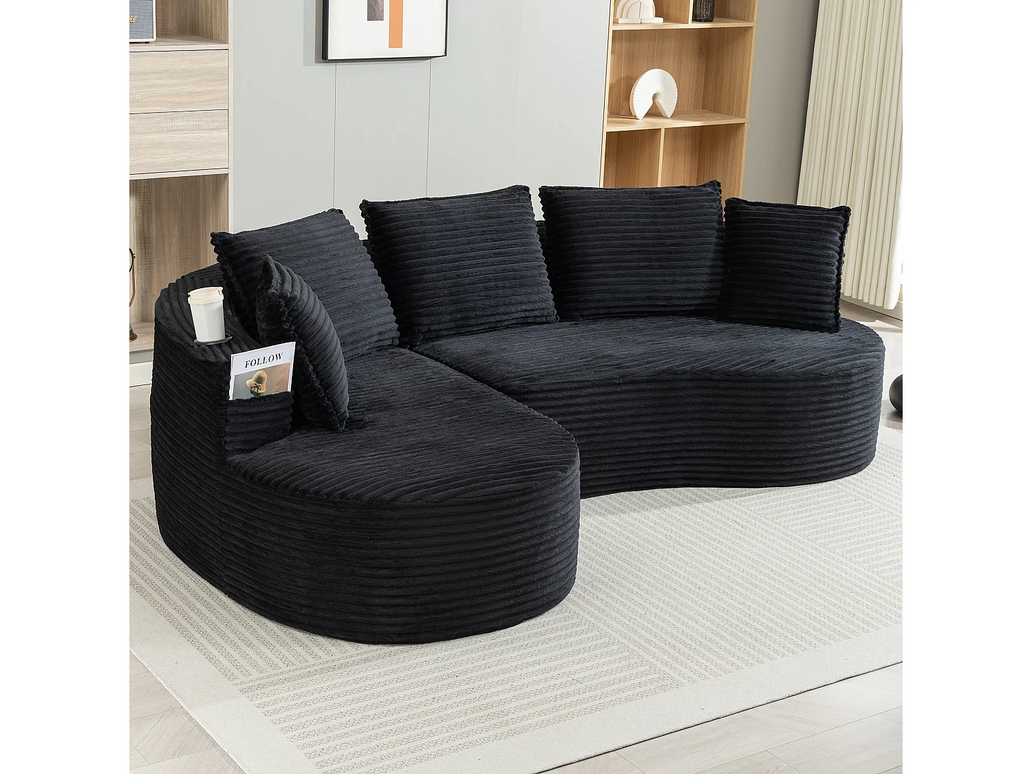 Sofá curvo de 3 plazas con portavasos y bolsillo lateral, pana, negro, 250x152x83