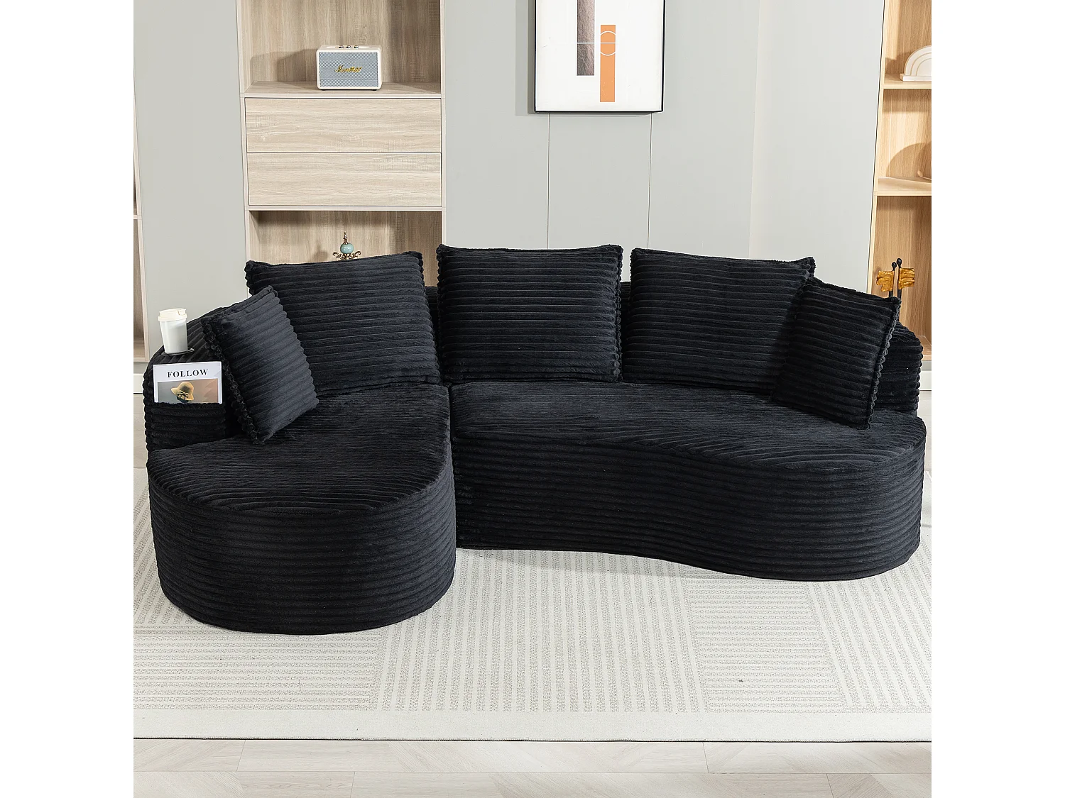 Sofá curvo de 3 plazas con portavasos y bolsillo lateral, pana, negro, 250x152x83