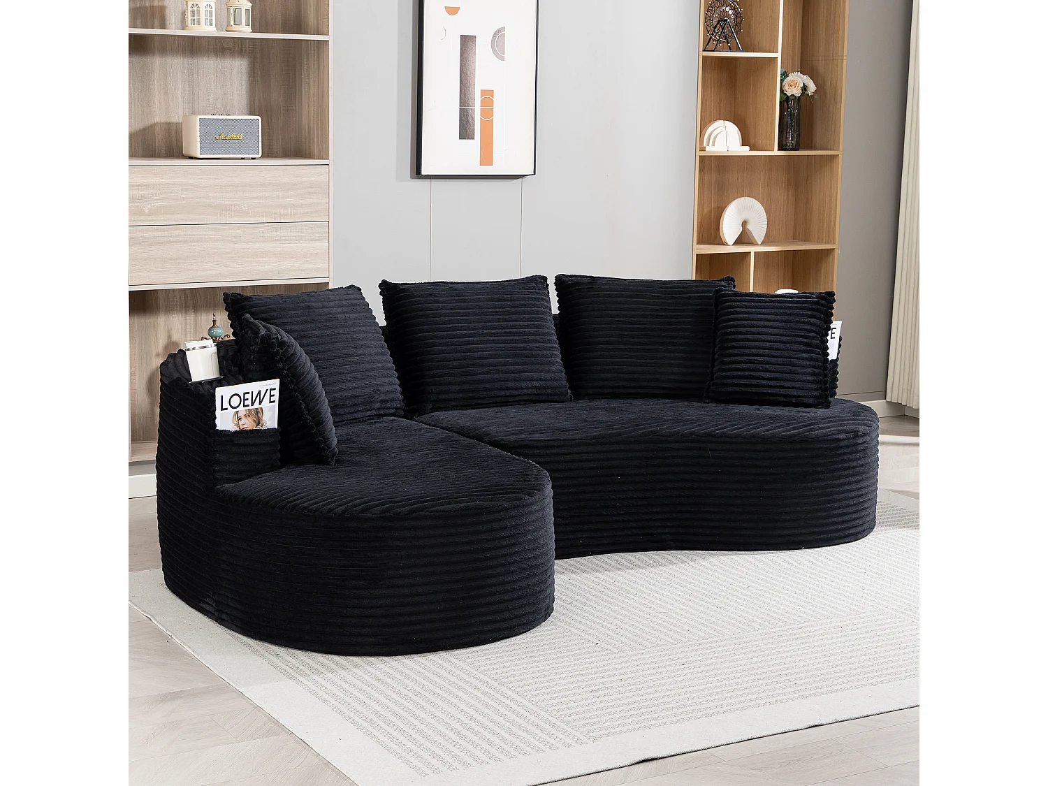 Sofá curvo de 3 plazas con portavasos y bolsillo lateral, pana, negro, 250x152x83