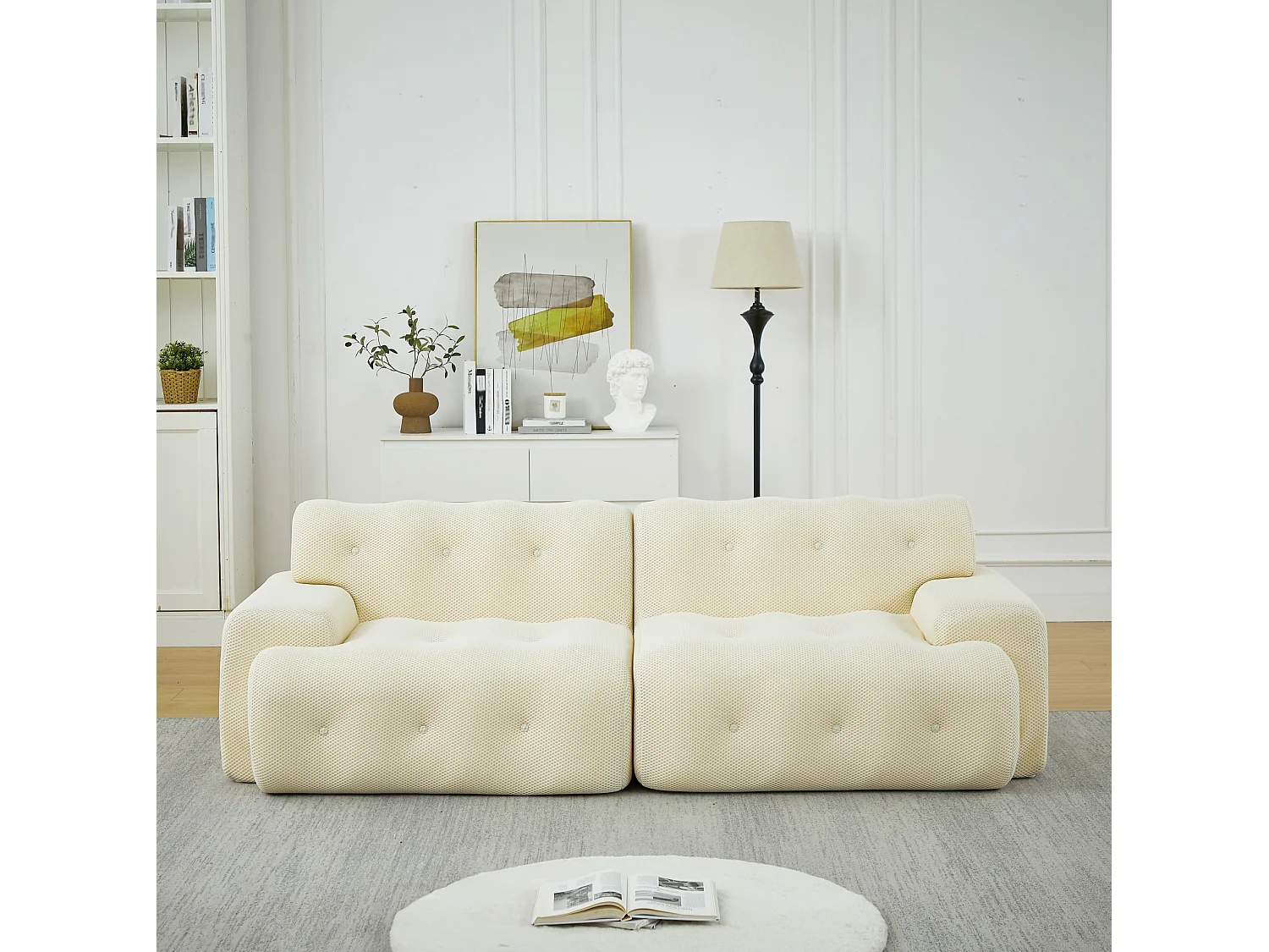 2-zits rechte bank met brede armleuning, modern design, stof, beige