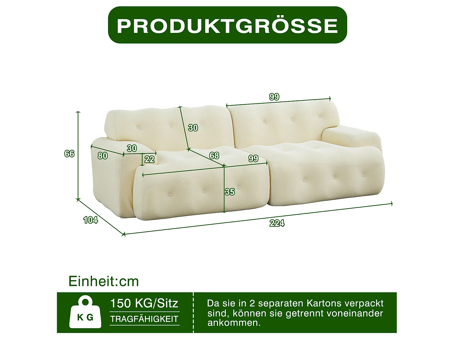 2-zits rechte bank met brede armleuning, modern design, stof, beige