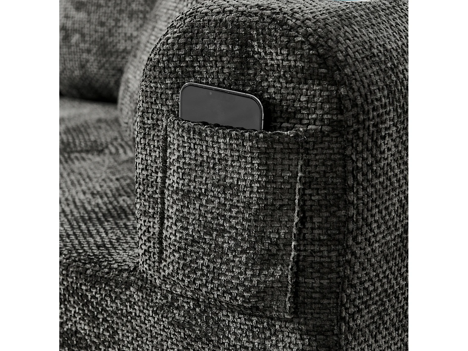 Canapé d'angle 4 places avec poches latérales et porte-gobelet, sans montage, en lin, noir