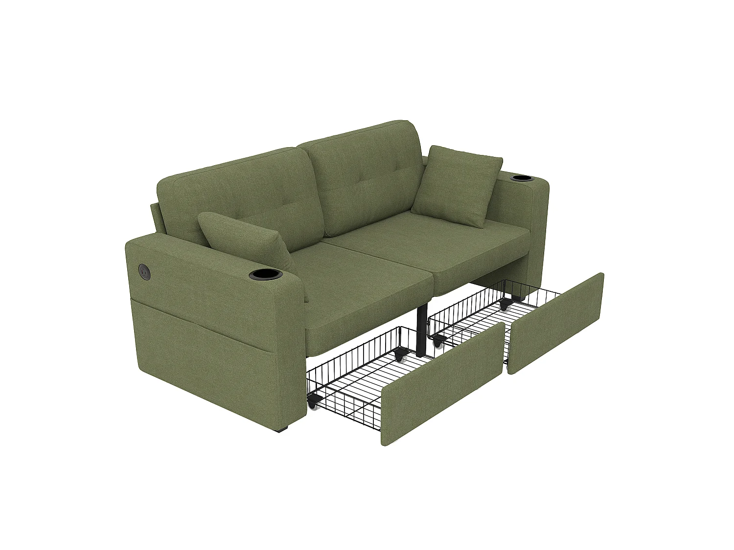 Sofá recto de 2 plazas con 2 cajones, puertos USB, portavasos y bolsillos laterales, en chenilla, verde oliva