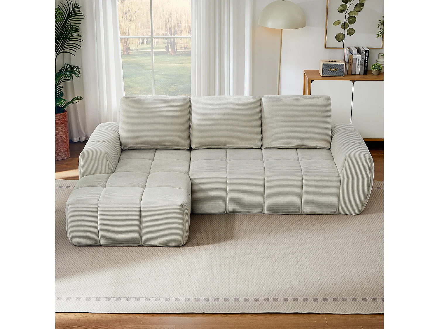 4-osobowa sofa narożna z wyjmowanymi poduszkami, ze sztruksu, beżowa