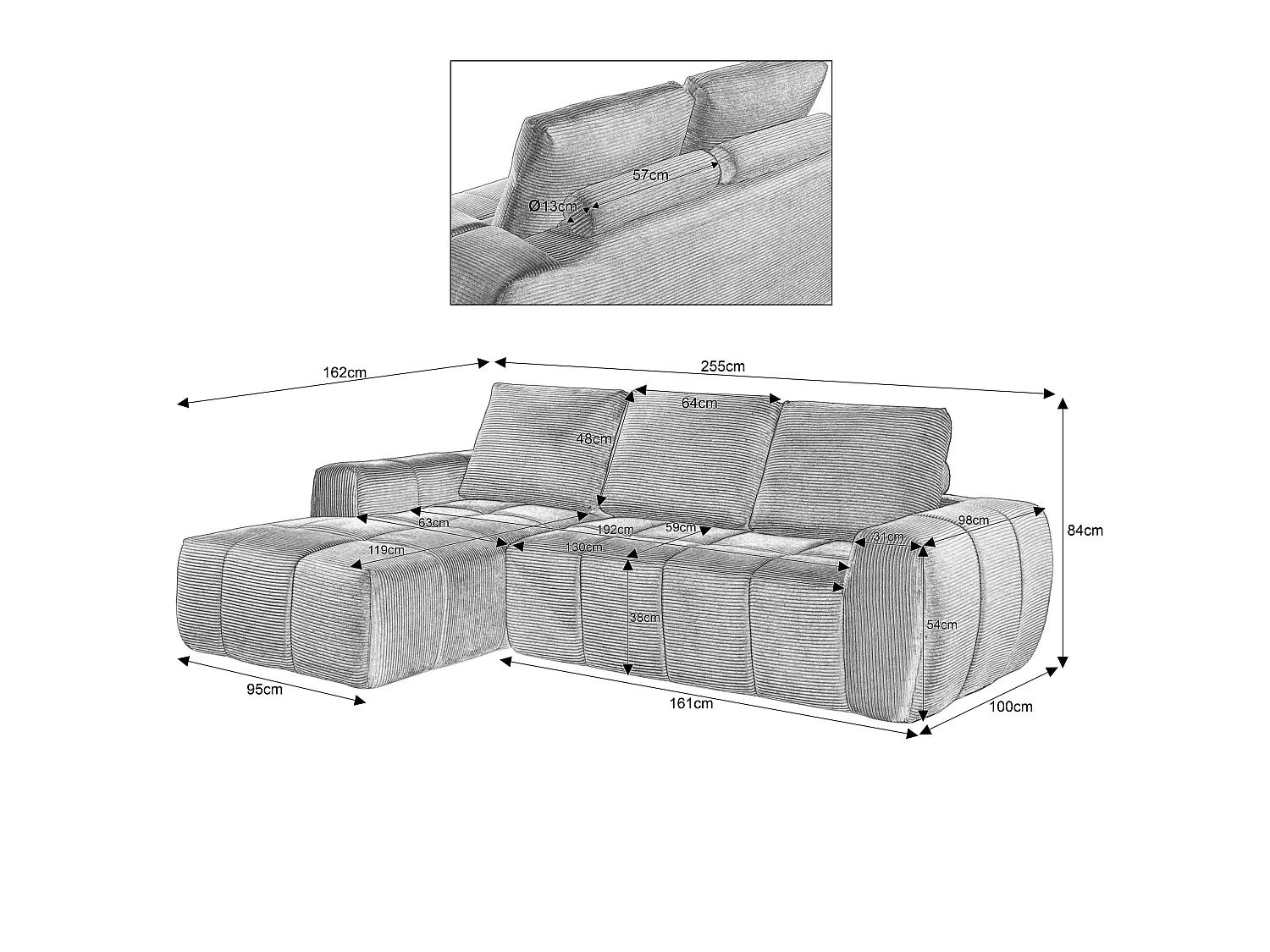 4-osobowa sofa narożna z wyjmowanymi poduszkami, ze sztruksu, beżowa