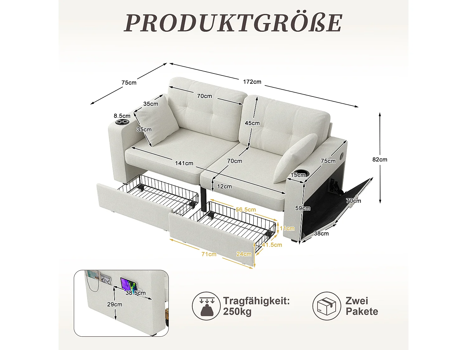 Sofá recto de 2 plazas con 2 cajones, puertos USB, portavasos y bolsillos laterales, en chenilla beige