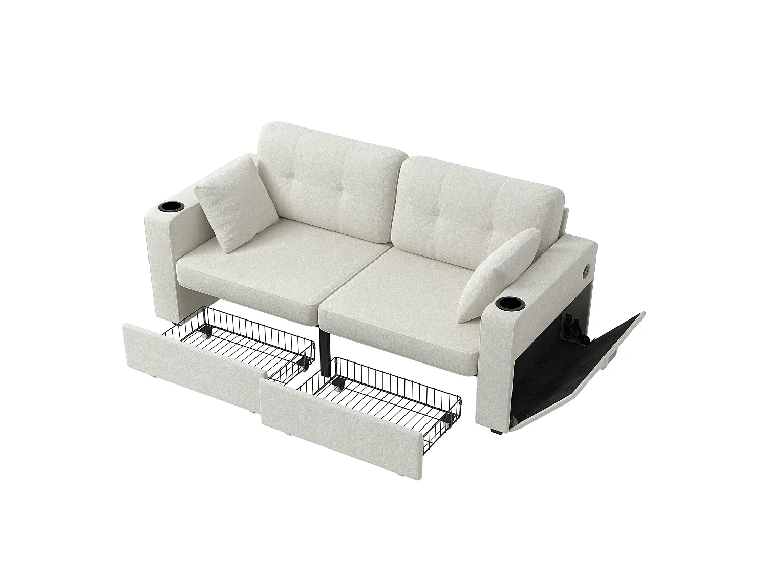 Sofá recto de 2 plazas con 2 cajones, puertos USB, portavasos y bolsillos laterales, en chenilla beige