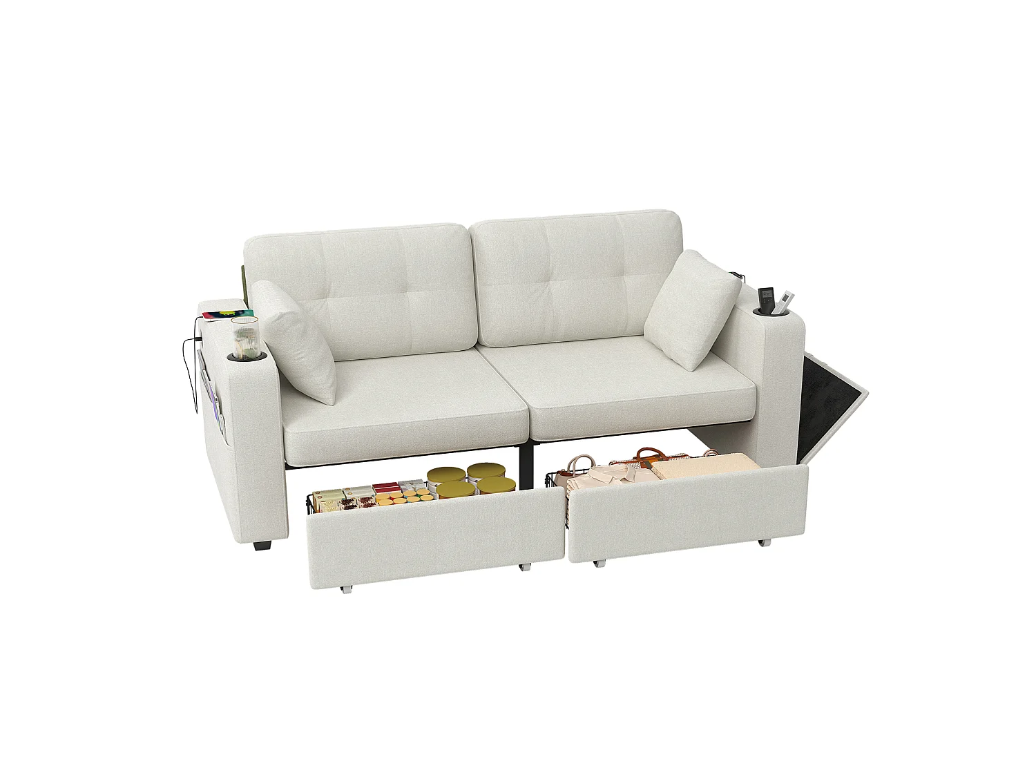 Sofá recto de 2 plazas con 2 cajones, puertos USB, portavasos y bolsillos laterales, en chenilla beige