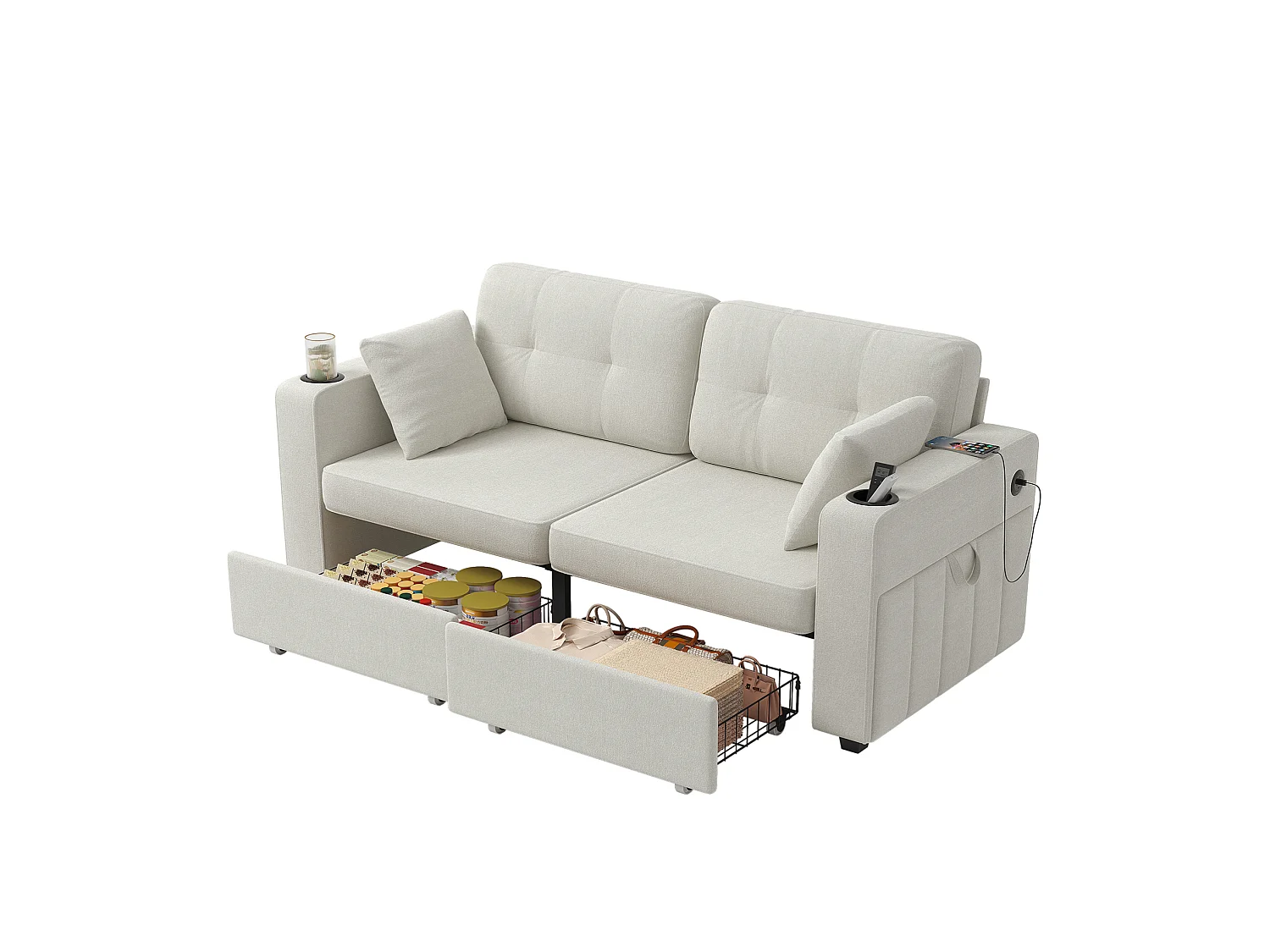Sofá recto de 2 plazas con 2 cajones, puertos USB, portavasos y bolsillos laterales, en chenilla beige