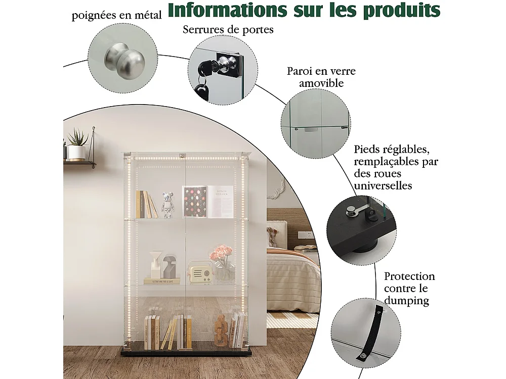 Armoire d'affichage moderne - 3 couches 2 portes - avec éclairage LED - verre trempé - bande LED - noir
