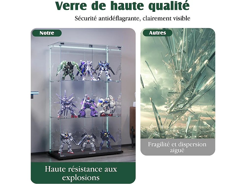 Armoire d'affichage moderne - 3 couches 2 portes - avec éclairage LED - verre trempé - bande LED - noir