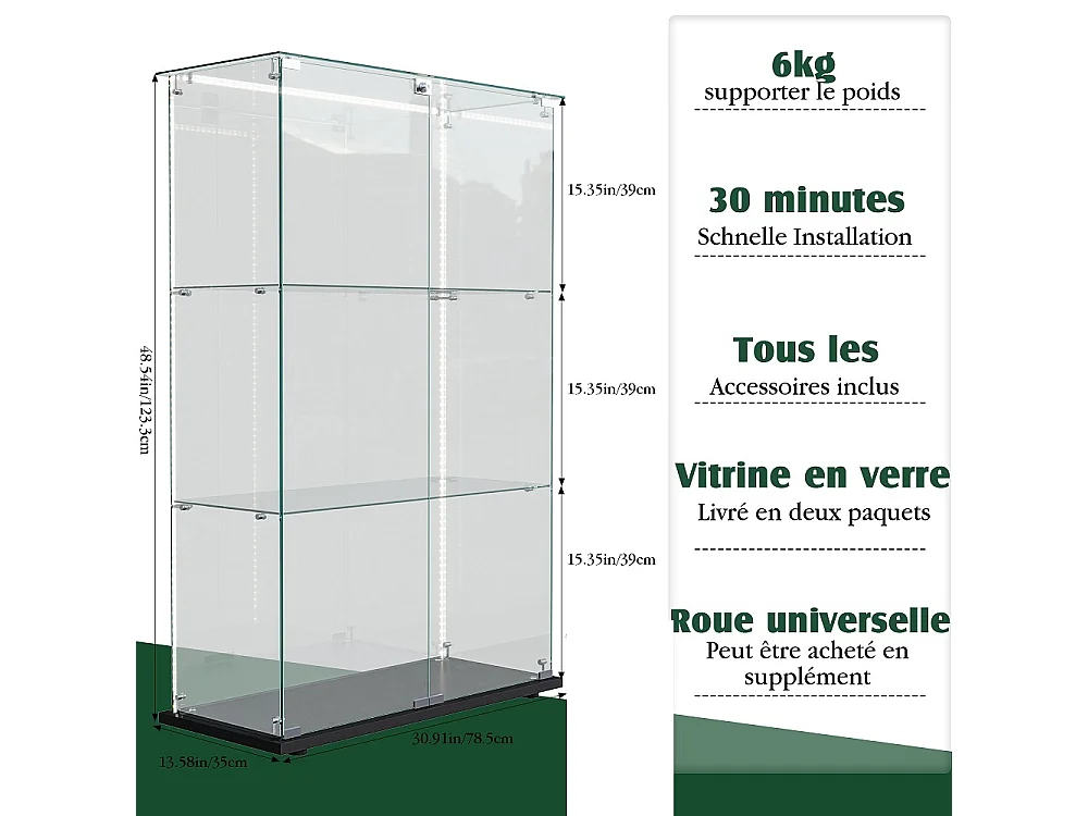 Armoire d'affichage moderne - 3 couches 2 portes - avec éclairage LED - verre trempé - bande LED - noir