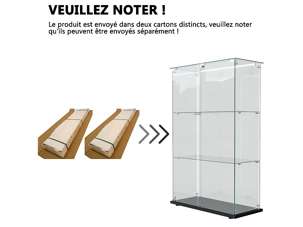 Armoire d'affichage moderne - 3 couches 2 portes - avec éclairage LED - verre trempé - bande LED - noir