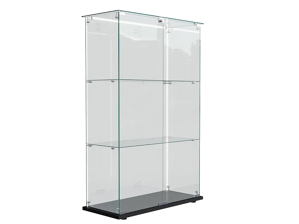 Armoire d'affichage moderne - 3 couches 2 portes - avec éclairage LED - verre trempé - bande LED - noir